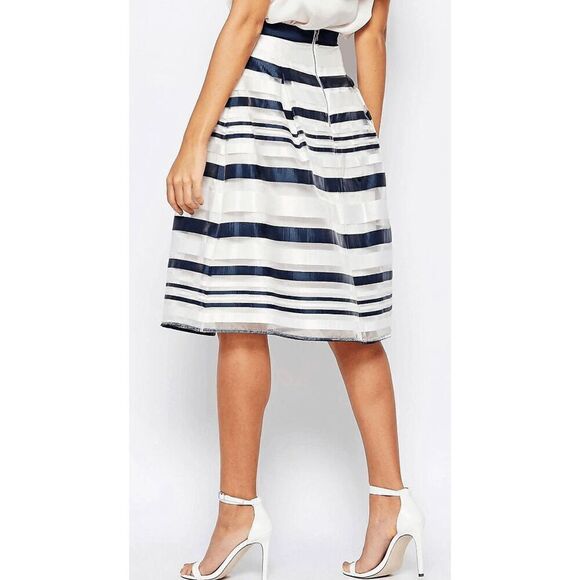 Moon Womens Lined Organza Circle Midi Skirt White Black Striped Sz S - Picture 4 of 15